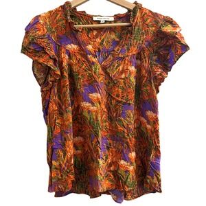 Rose + Olive Womens Tropical Floral Ruffle Flutter Sleeve V-Neck Blouse Large